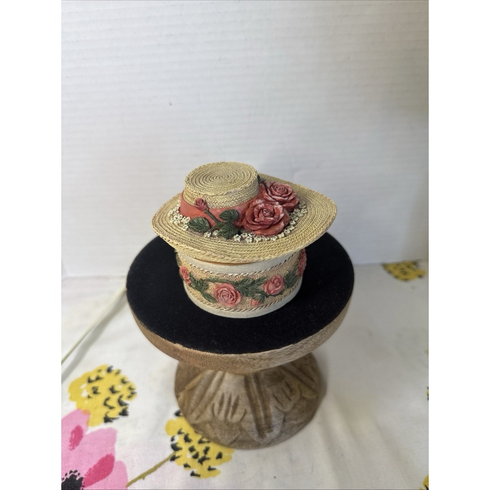 Handpainted Resin Or Clay Round Trinket Box with Roses and Ribbons Rode Inside